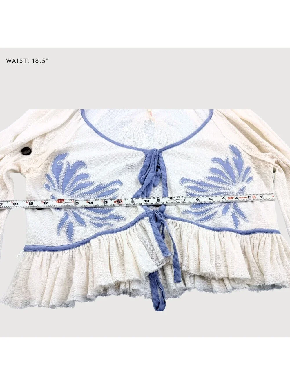 Free People Lookout Tie Front Embroidered Top Ivory Blue L